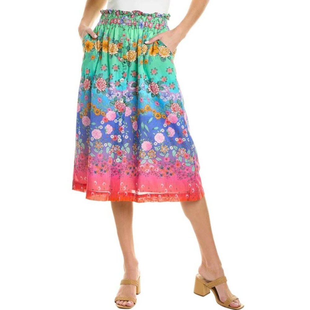 NWOT Johnny Was Rainbow Field Paperbag Boho Floral Midi Skirt XS